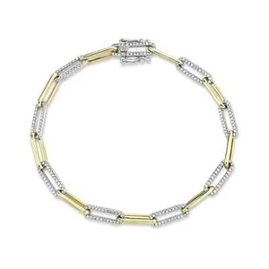 14K Two Tone Gold Diamond Paper Clip Link Bracelet Natural Round Cut - Picture 1 of 3