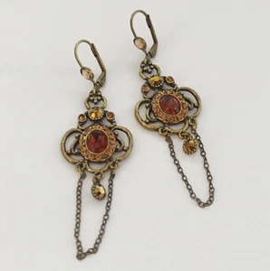 Michal Negrin Earrings Brown Long Crystals Romantic Victorian Revival Deco Chain - Picture 1 of 13