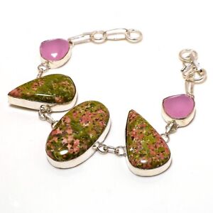 Unakite, Rose Quartz Natural Gemstone 925 Sterling Silver Jewelry Bracelet 7-8"