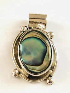 Signed Mexico 925 Sterling Silver Abalone Shell Slide Chain Pendant for Necklace - Picture 1 of 8