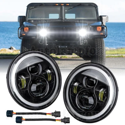 Par de faros LED redondos de 7 pulgadas anillo halo ojos de ángel para Hummer AM General H1 H2 Foto 1 de 4