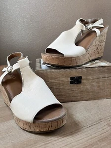 Sandalias Franco Sarto Cuero Crema Corcho Cuña Tacón Alto Punta Abierta Talla 8.5 Boho - Imagen 1 de 7