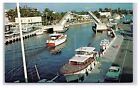 Postcard Fl River Waterway Boats Draw Bridge Cars Flag Ft Lauderdale Florida