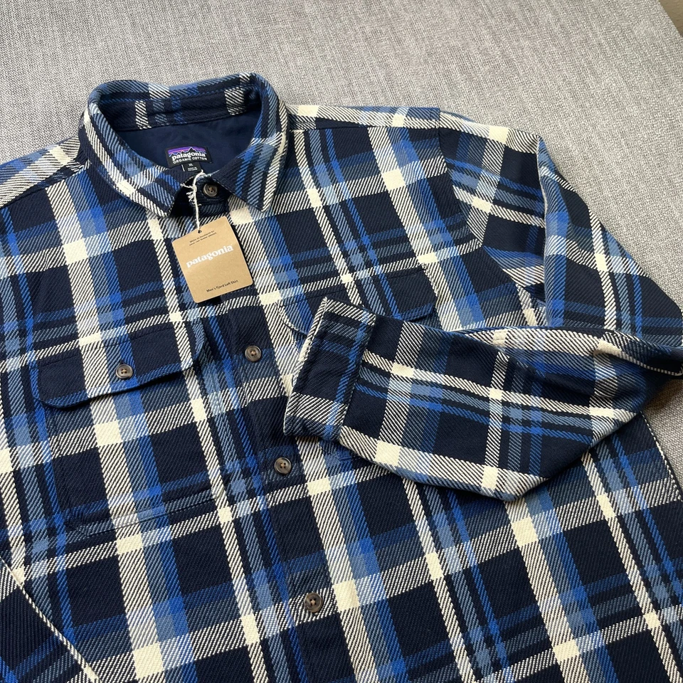 Patagonia Fjord Loft Shirt Men XL Blue Plaid Heavyweight Warm Outdoor Hiking