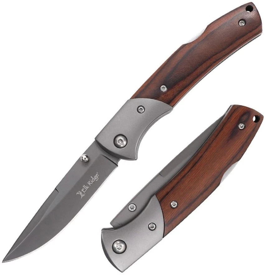 Elk Ridge 锁扣折叠刀 3.13 英寸灰色 TiNi 3Cr13 钢制刀片木质手柄 — 第 1/3 张图片