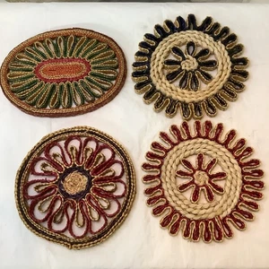 Vintage Set 4 Straw Trivets Hot Pad Woven Rattan Raffia Boho Retro Flower Wicker - Picture 1 of 11