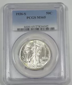 Medio dólar Walking Liberty 1936-S certificado graduación profesional MS 65 plata 50c - Imagen 1 de 4