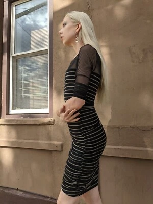 Jack by BB Dakota Bodycon Dress XS Black Beige Striped Mesh Stretchy Fitted - Image 1 of 4