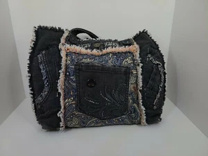 Upcycled Blue Jeans Purse with Quilting Shoulder Bag Buttons Pockets Fringe - Picture 1 of 12