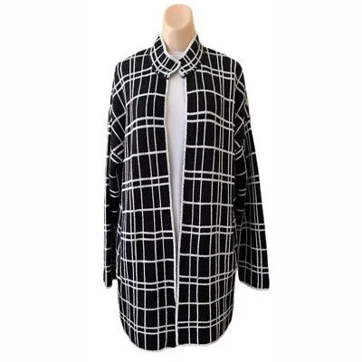 Elle Medium Black White Cardigan Sweater Long Blazer Designer Pockets Plaid - Image 1 of 4