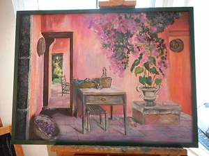 Mediteranes Zimmer mit Blick nach draußen , Ölgemälde auf Leinwand, gerahmt - Bild 1 von 5