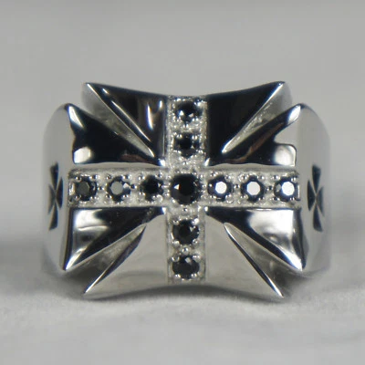 INOX JEWELRY Stainless Steel Black Cubic Zirconia Iron Cross Ring Size 9-12 New - Image 1 of 4