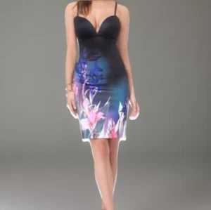 BEBE Women's Scuba Dress Small Petite Elegant Black Art Paint Floral Deep V Sexy - Picture 1 of 15