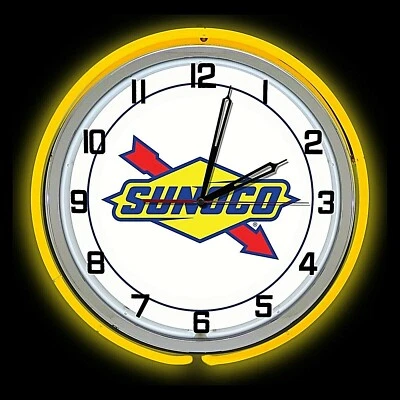 19" Sunoco Oil Sign Double Yellow Neon Clock Gasoline Gas Man Cave Garage - Image 1 of 2