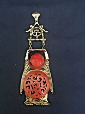 Vintage GOLD CROWN Signed Buddha Large Pendant Necklace with Coral Color 