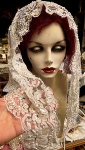 vintage church lace scarf 1950s beaded pearls sequins hand sewn made in France - Picture 1 of 7