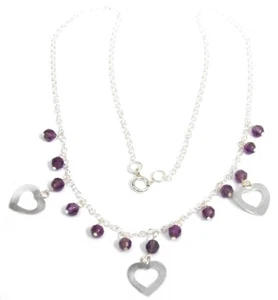 Collier 925 Silber 13 dunkel lila Amethyst Kugeln facettiert Silberherz Kette - Picture 1 of 5