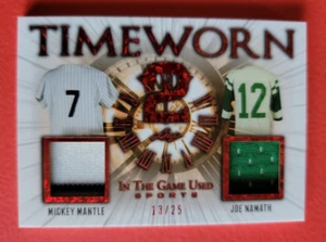 MICKEY MANTLE JOE NAMATH GAME USED JERSEY PATCH CARD #13/25 22 LEAF YANKEES JETS - Picture 1 of 2