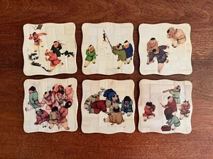 Vintage Bamboo Wood Coaster Set of 6 w/Holder Japanese Motifs 3-1/2” Scalloped - Picture 1 of 7