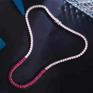 8Ct Round Lab Created Pink Ruby Women's Tennis Necklace 14K Wh Gold Plated 18" - Picture 1 of 5