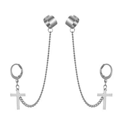 Pendientes de aro cruzados perforados con cadena de brazalete de oreja con clip de acero inoxidable unisex 2 piezas Foto 1 de 3