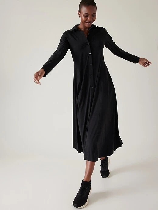 ATHLETA Cosmic Layer Dress Medium Petite MP Black #534776 Shirt Dress Long