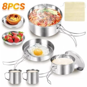 8pcs stainless steel camping cookware kit saucepan dishes pot set 2-3 person - Picture 1 of 18