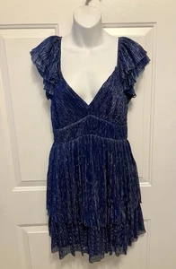 NWT Women’s Francesca's Blue Silver Metallic Flare Ruffle Mini Dress Size Medium - Picture 1 of 9