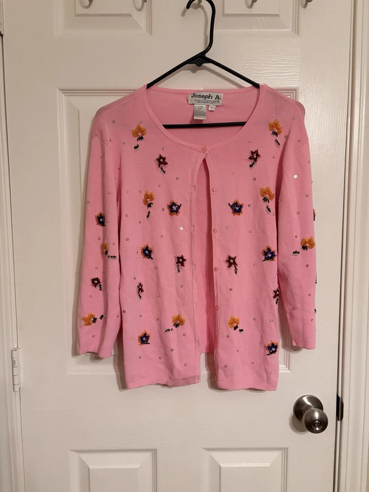 Lindo Vintage Joseph A. Cardigã floral rosa branco lantejoulas e bordado - Imagem 1 de 4
