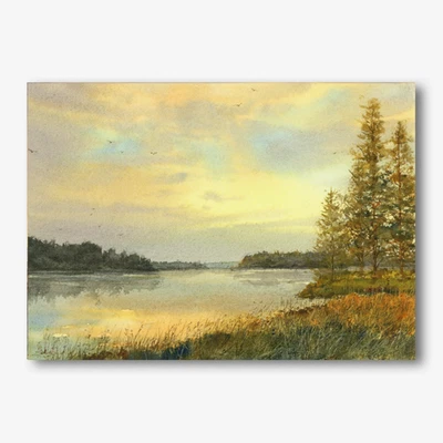 Acuarela Original por LINDA HENRY - Pacífico Paisaje de Otoño Puesta de Sol en el Lago Foto 1 de 4