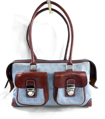Bolso de Hombro Dooney Bourke De Colección Denim Azul Firma Jacquard Borde Marrón Foto 1 de 4