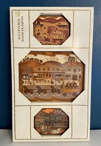 Vintage Set of 3 NIB 1982 Joanne Chase Folk Art on Sculptured Wood Plaques Folk - Picture 1 of 12