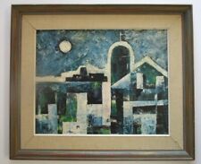 Mid Century Painting Modernism Expressionism Moon Lit Night Vintage 1960 Oil