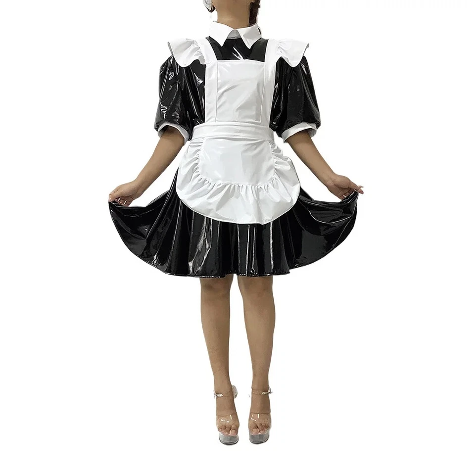 Fetish PVC Leather Maid Dress A-line Maid Costume Sissy Waitress Party Uniform - Image 1 of 3