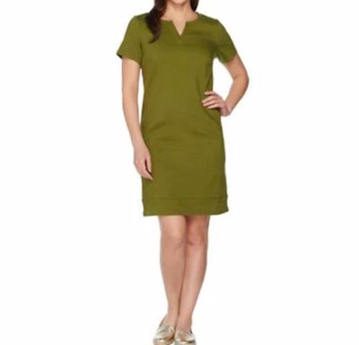 Vestido vaquero manga corta C. Wonder para mujer 2 verde oliva cuello dividido daño solar Foto 1 de 4