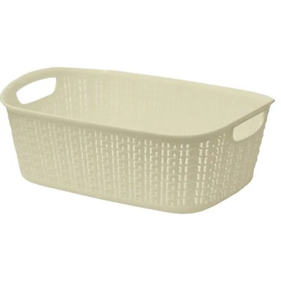 Knit Design Loop Plastic Rectangular Small Storage Basket with Handles, Ivory - Image 1 of 4