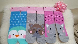 3 Pairs Kids Animal Socks ( Size : 7- 8.5 ) Girls 1 Cat 1 Raccoon 1 Penguin - Picture 1 of 1