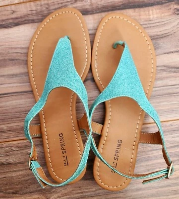 Turquoise Glittery Thong Sandals with Backstrap Tiny Wedge Heel Vacation Cruise! - Image 1 of 4