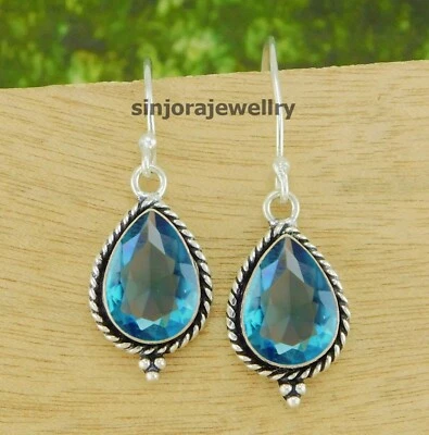 London Blue Topaz Gemstone 925 sterling silver handmade Earrings 1.5" - Image 1 of 4