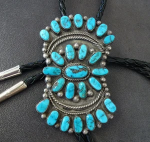 Vintage BOLO TIE Sterling Silver TURQUOISE CLUSTER Black Leather Cord 925 Tips - Picture 1 of 22