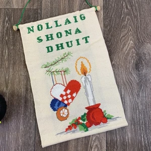 Completed Irish Nollaig Shona Dhuit Merry Christmas Hanging Cross Stitch Candle - Picture 1 of 7