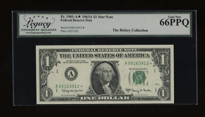 DBR 1963-A $1 FRN Boston STAR Gem Fr. 1901-A* Legacy 66 PPQ Serial A08163912* - Image 1 of 2