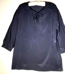 A-K-R-I-S- Punto Silk Top Size 12 Tie Neck Smocked Shoulders Navy Flowy Classy - Picture 1 of 10