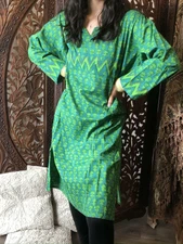 Boho Chic Green Tunic Blouse Floral Printed Long Tunic Summer Comfy Kurti XL