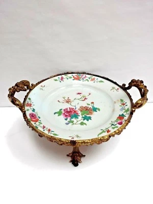 Antique European Famille Rose Plate Enameled Hand painted Glided Bronze Frame - Image 1 of 4