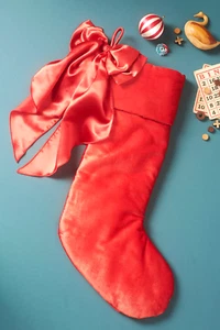 NUEVO Anthropologie ROJO Terciopelo Satinado Arco Navidad VACACIONES Medias GRANDES 23” LUJO - Imagen 1 de 6
