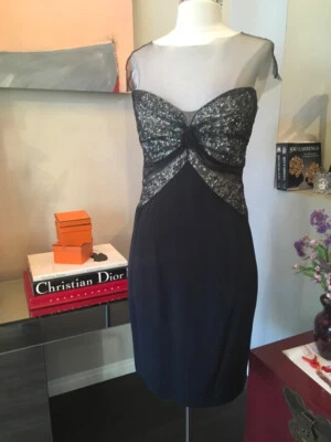 Monique Lhuillier Size 4 Black Silk Satin Silver Sequin Netting Dress NWOT - Image 1 of 4