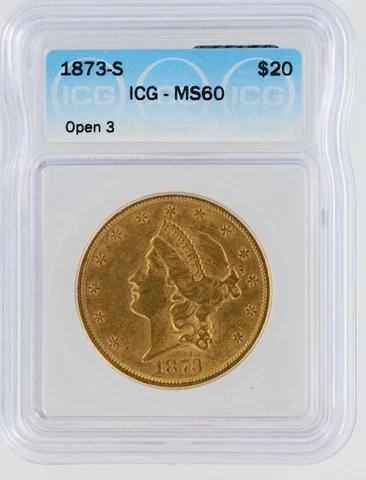1873-S Open 3 Double Eagle ICG MS60 $20 Liberty Head Flashy BU Gold Coin Cover