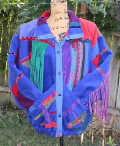 Vtg SFR Santa Fe Re-Creations MultiColor Patchwork Fringe Snap Jacket Women's M - Picture 1 of 17