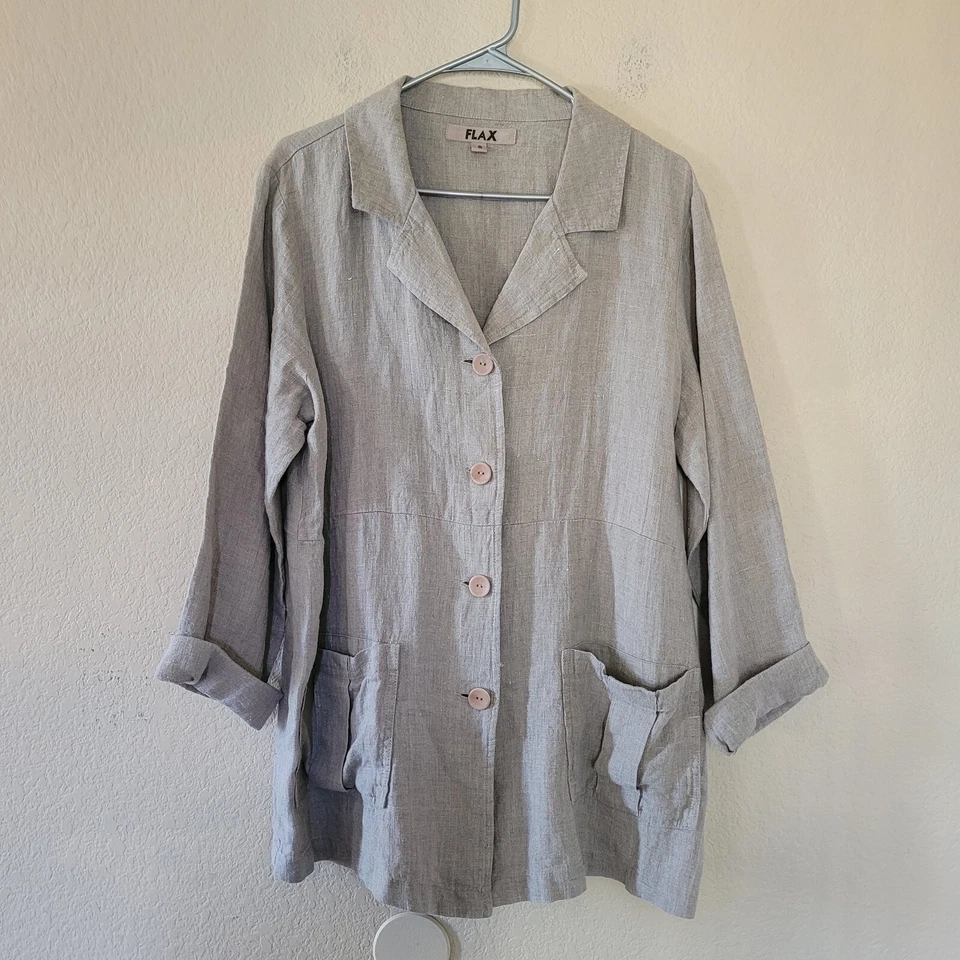 FLAX Womens 100% Linen Button Blazer Jacket Shirt Size Small Pockets Lagenlook - Image 1 of 4
